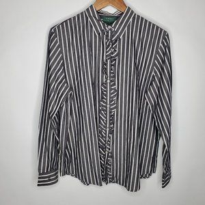 Lauren Ralph Lauren Black & White Striped Button Down Ruffle Shirt